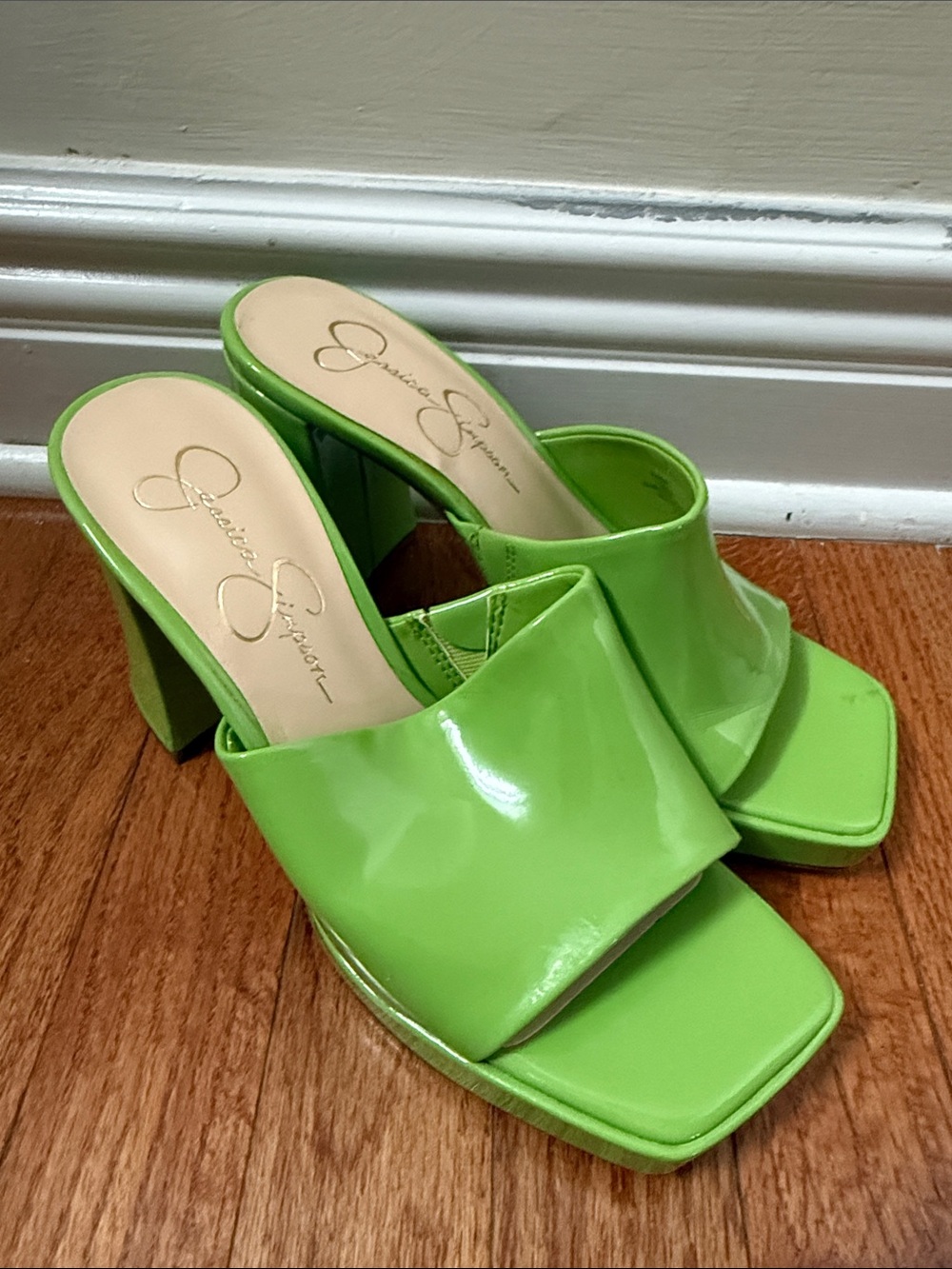 Jessica Simpson Neon Green Patent Block Heel Mules